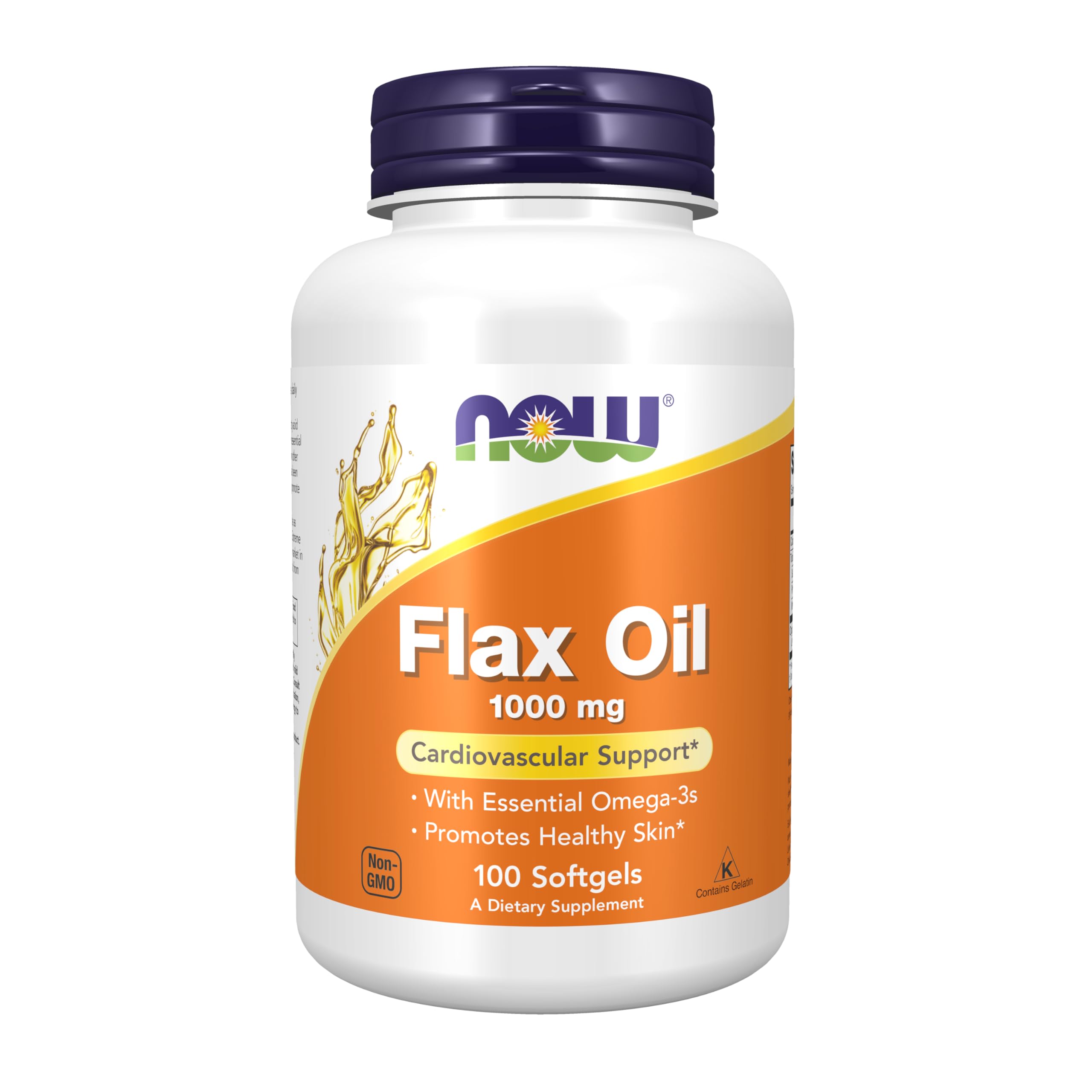 NOW Foods Flax Oil bottle label emphasizes cardiovascular support and omega-3 richness.