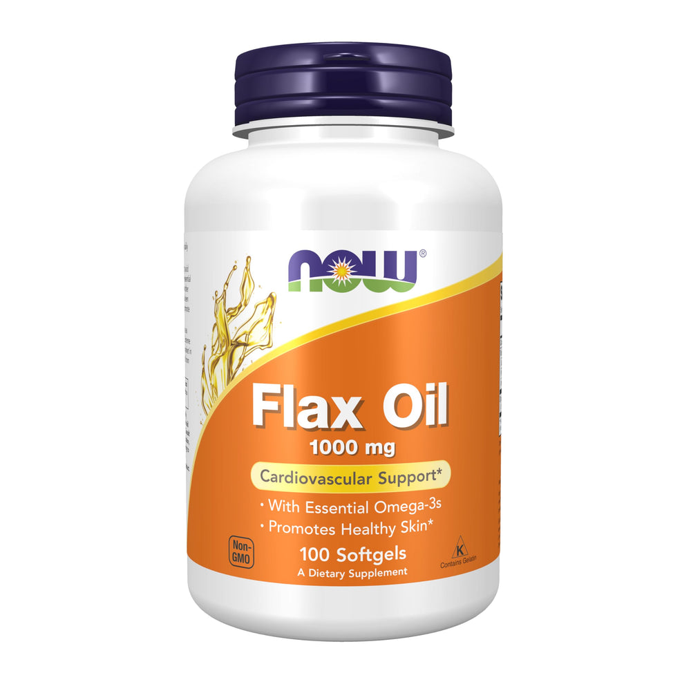 NOW Foods Flax Oil bottle label emphasizes cardiovascular support and omega-3 richness.
