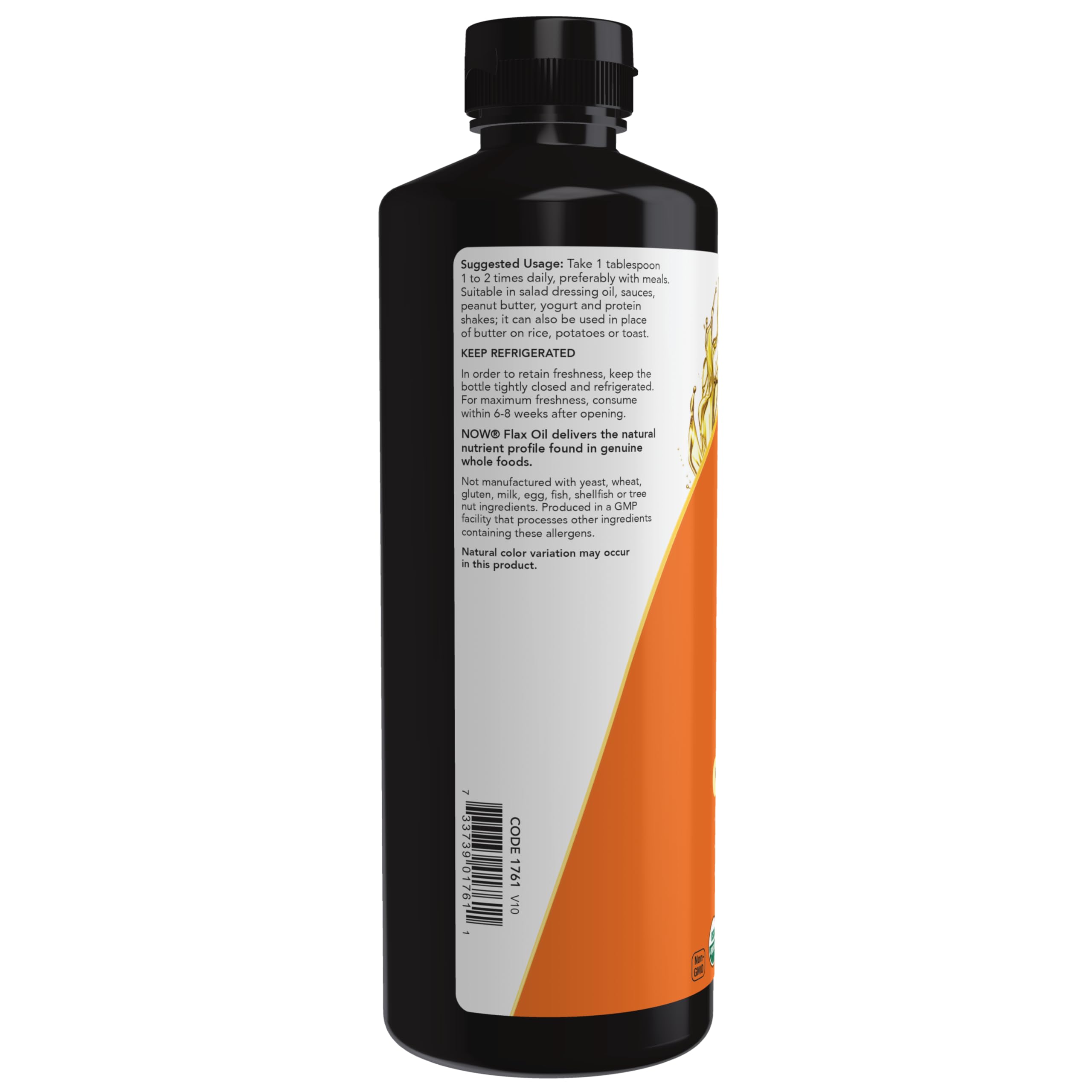 NOW Foods flax seed oil bottle pour cap enables easy dispensing with meals.