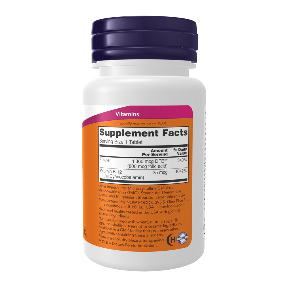 NOW Foods folic acid and B-12 tablets bottle closeup, reliable daily B-complex support.