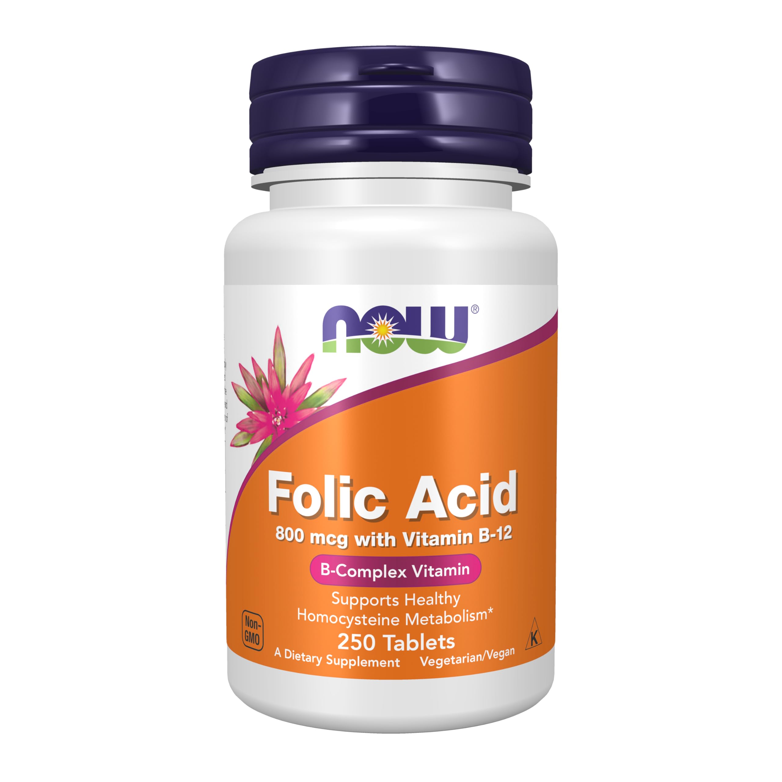 NOW Foods folic acid and B-12 tablets front label, supports daily metabolism.