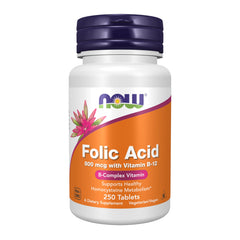 NOW Foods folic acid and B-12 tablets front label, supports daily metabolism.