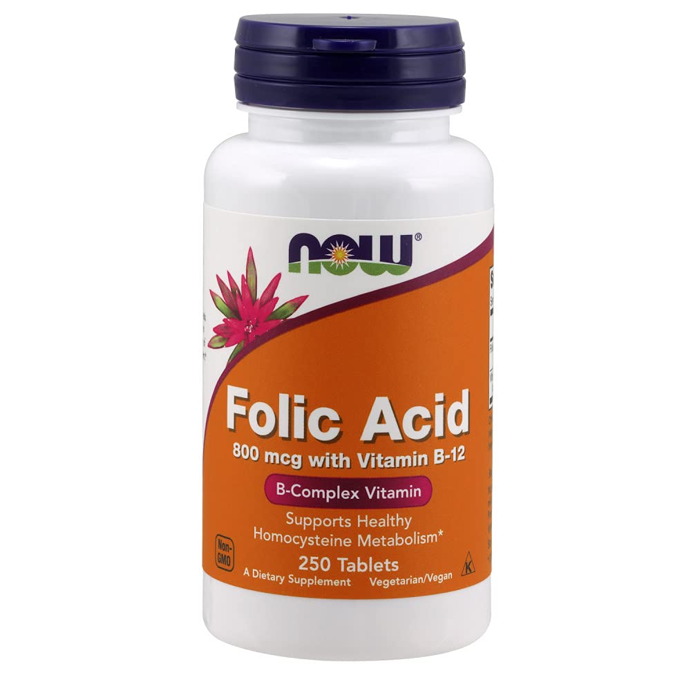 NOW Foods Folic Acid 800 mcg tablets bottle—supports healthy homocysteine metabolism.