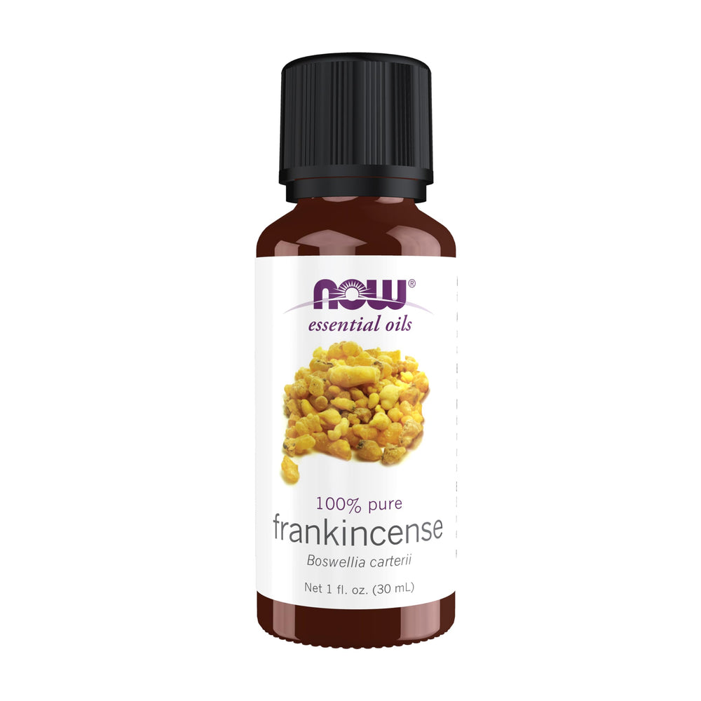 NOW Foods Frankincense Oil bottle cap shows child-resistant safety for storage.