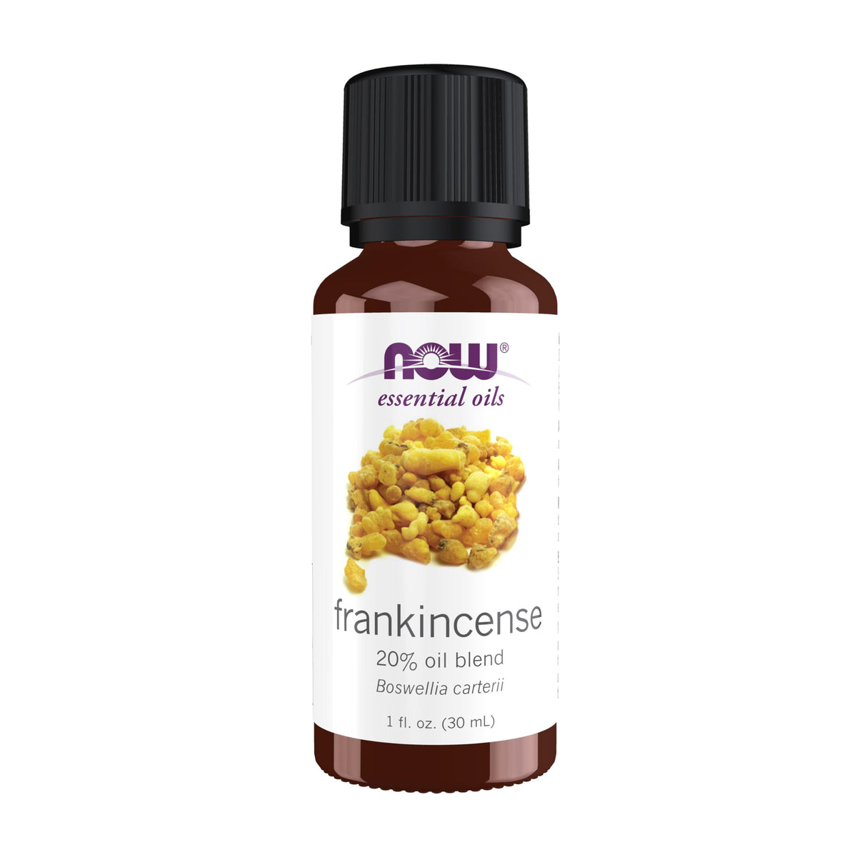 NOW Foods Frankincense Oil Blend bottle pour for a calming aromatherapy session.