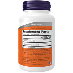 NOW GABA 500mg bottle side angle showing dosage details for easy planning.