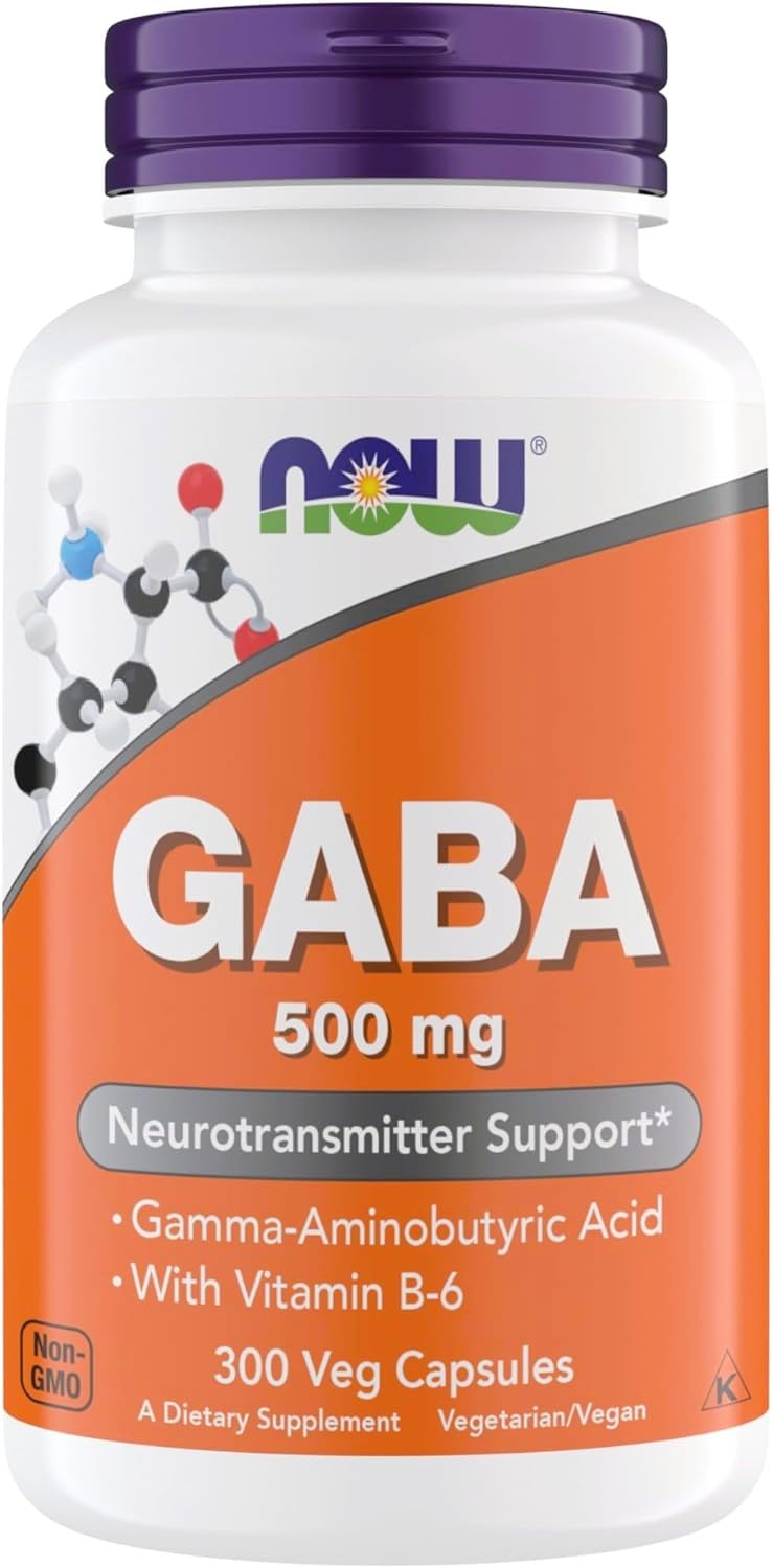 NOW Foods GABA 500 mg bottle with label supports relaxation and mood balance.