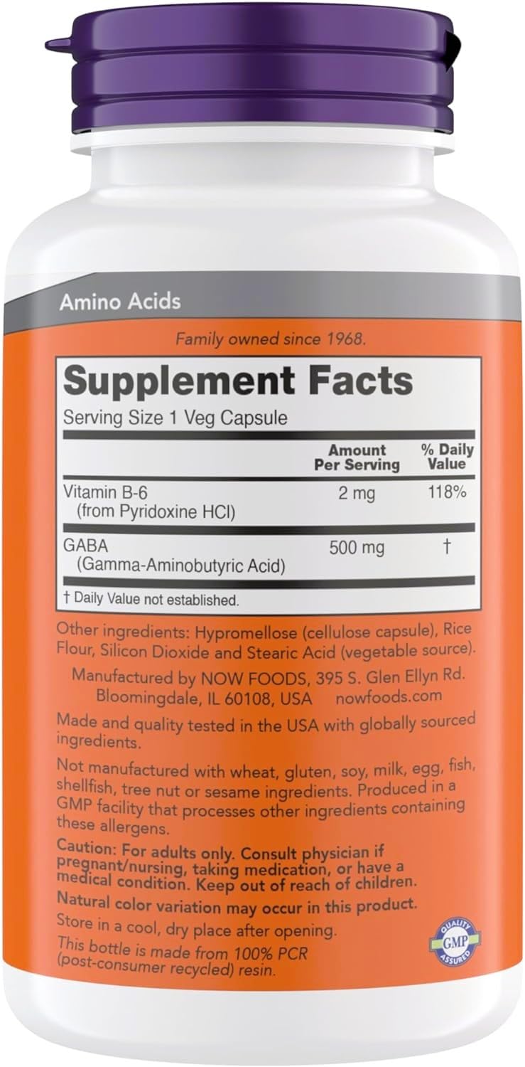 NOW Foods GABA 500 mg capsules close-up highlights vegan stress relief option.