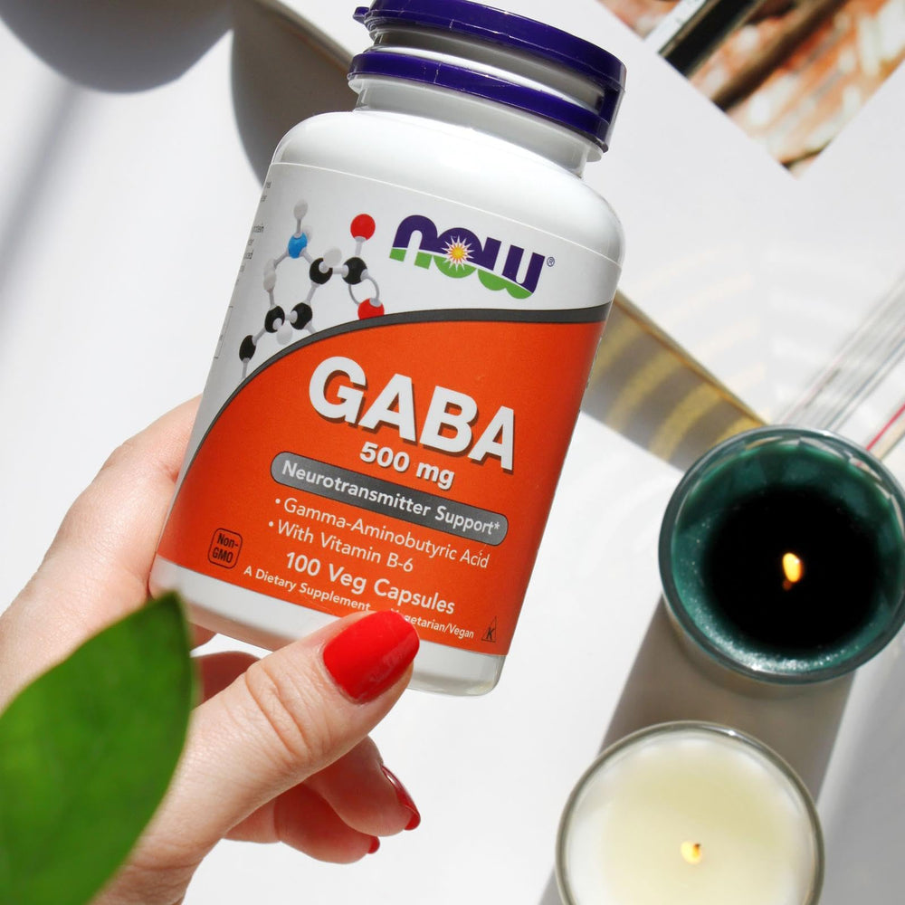 NOW Foods GABA 500mg capsules dispensing demonstrates easy daily intake