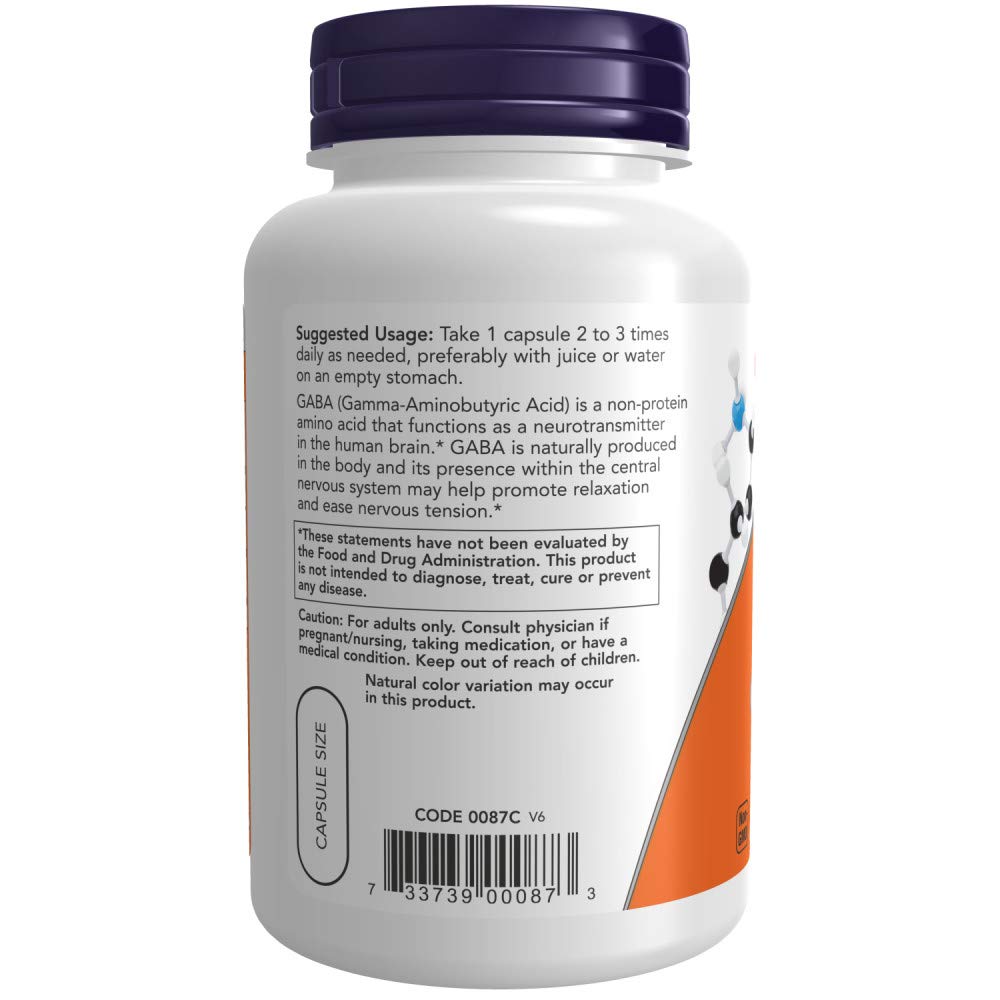NOW Foods GABA 500mg label close-up highlighting product information.