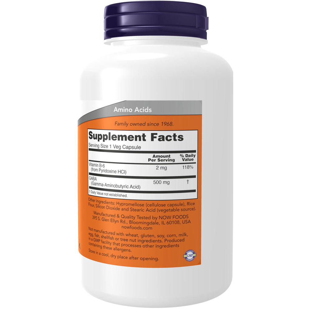 NOW Foods GABA 500 mg label close-up highlighting vegan formula