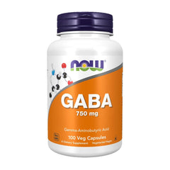 NOW Foods GABA 750mg capsules close-up — soft vegan capsules