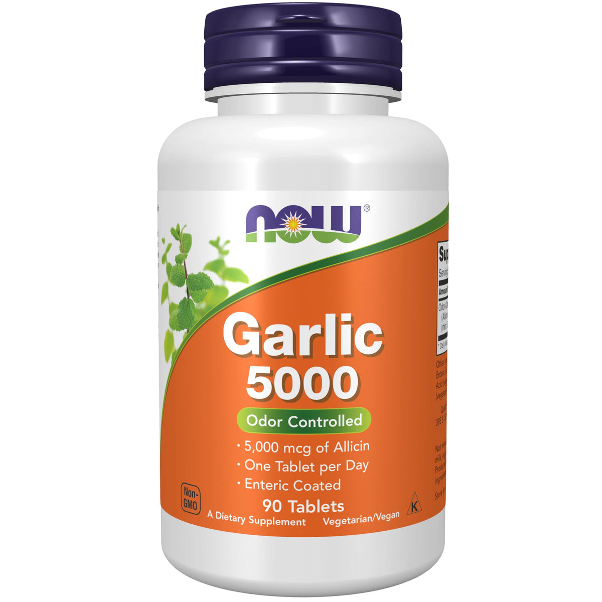 NOW Foods Garlic 5000mcg enteric-coated tablet for odor-controlled absorption.