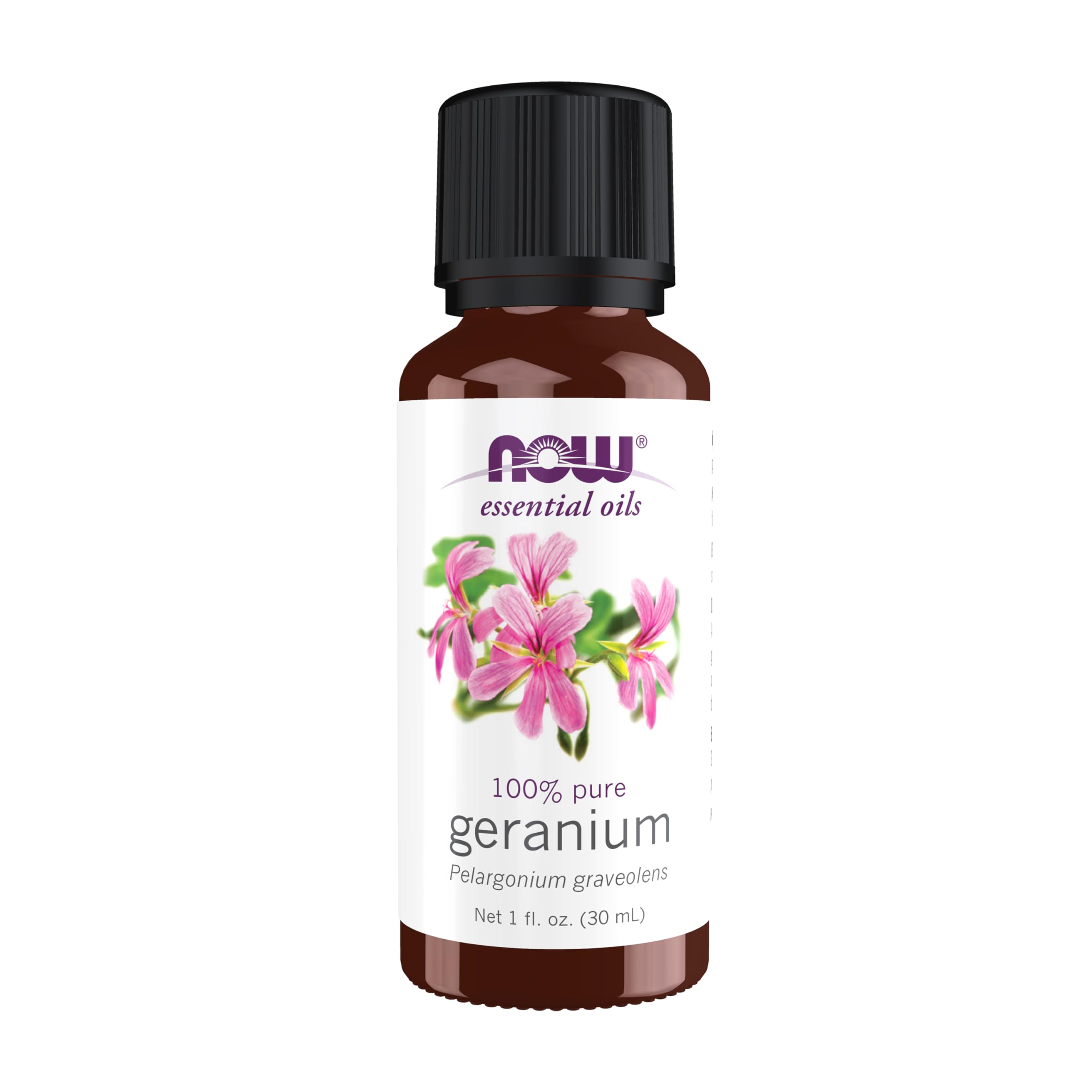 NOW Foods Geranium oil bottle offers subtle floral aroma for balance.