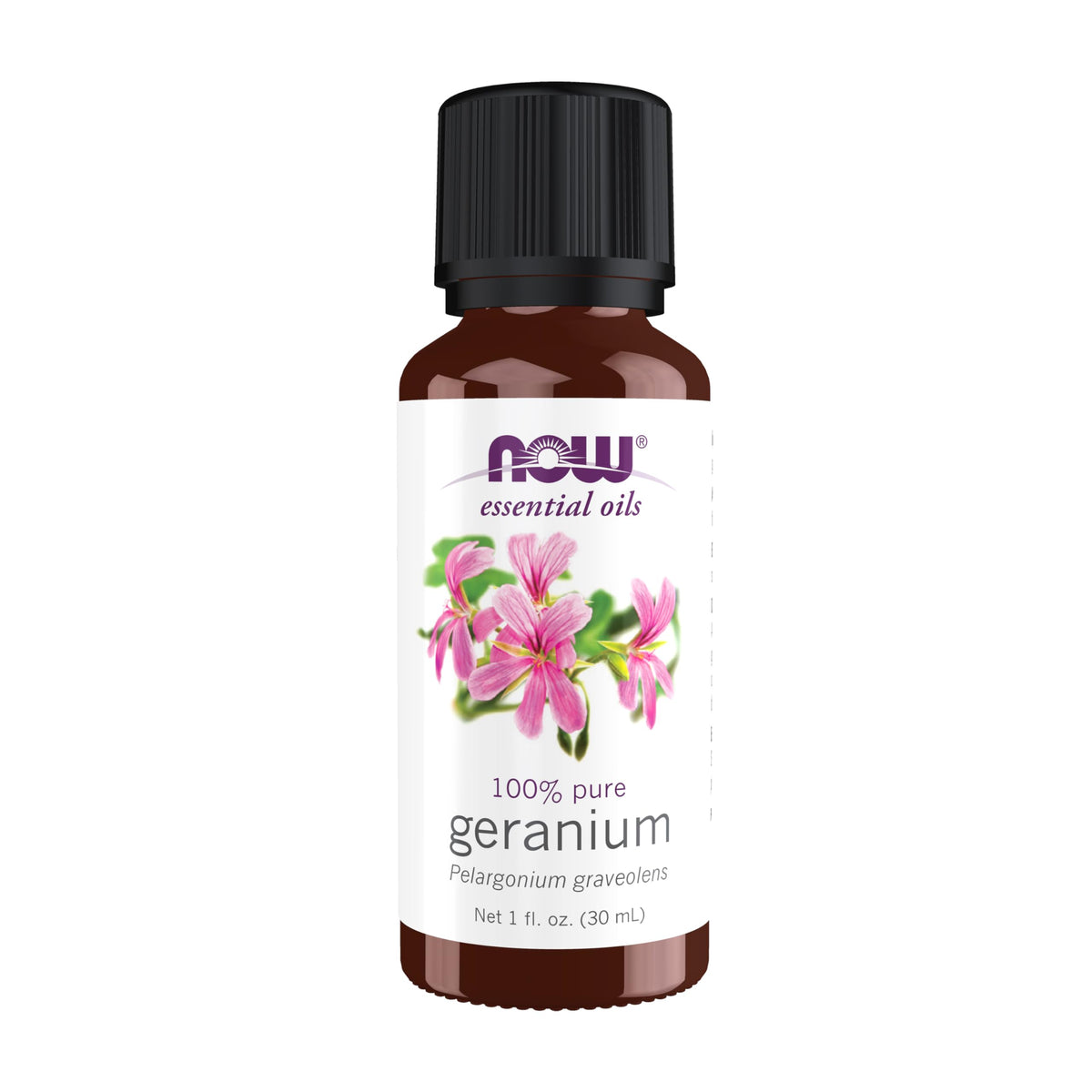 NOW Foods Geranium oil bottle offers subtle floral aroma for balance.
