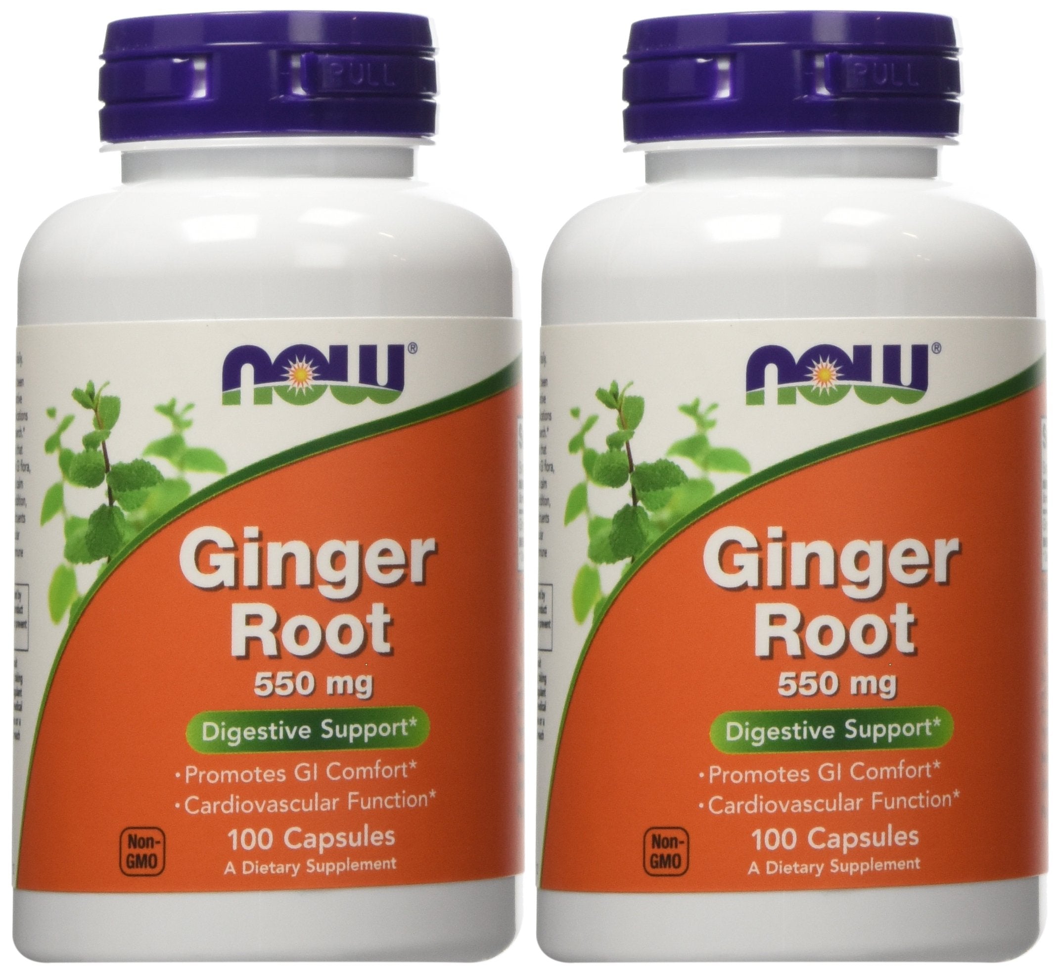 NOW Foods Ginger Root 550mg bottle with capsules for easy digestion support.