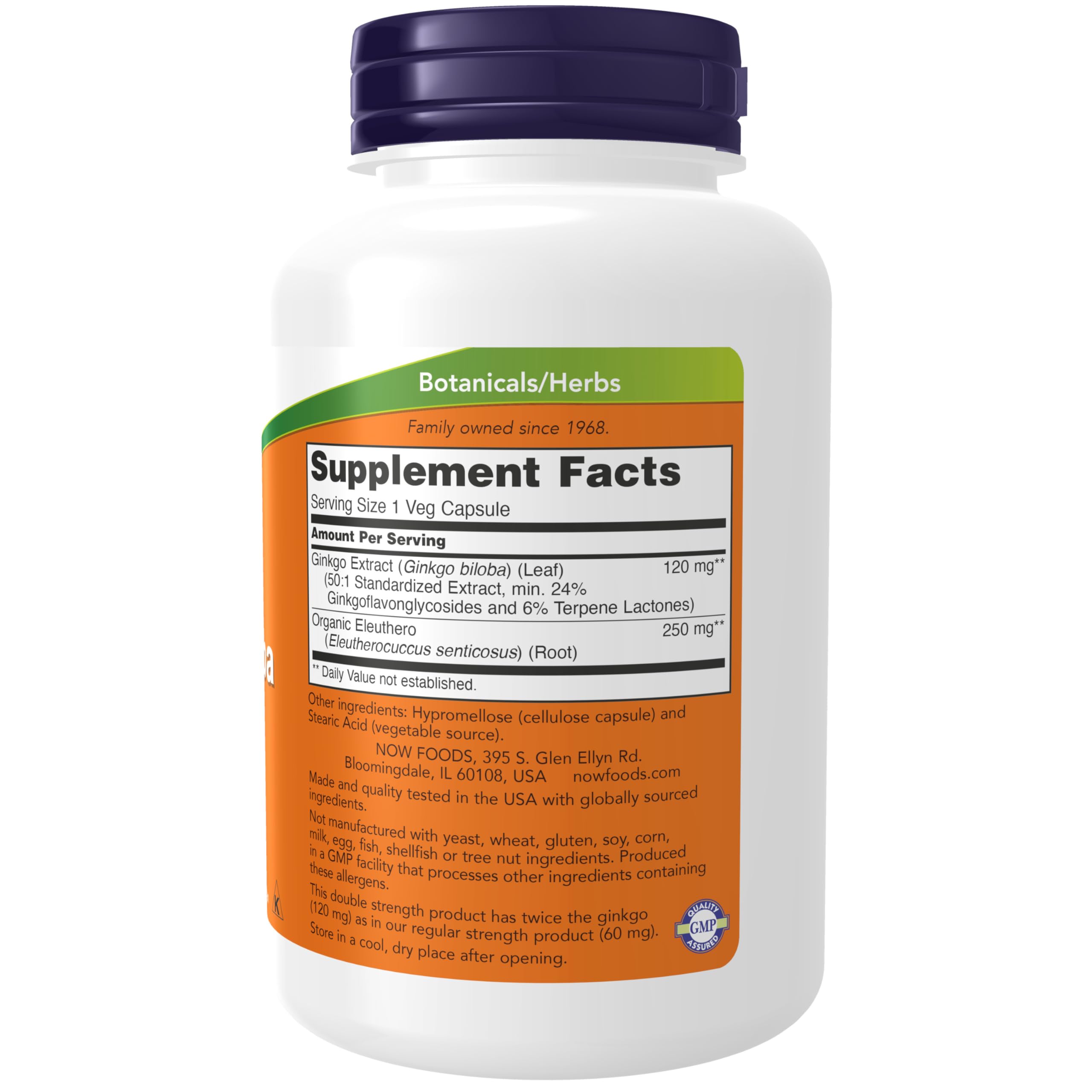 NOW Foods Ginkgo Biloba bottle front displays 200 vegetarian capsules.