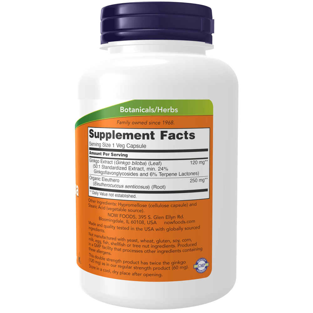 NOW Foods Ginkgo Biloba bottle front displays 200 vegetarian capsules.