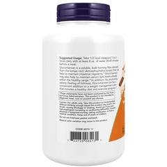 NOW Foods Glucomannan powder scoop highlights precise serving measurement for fiber intake