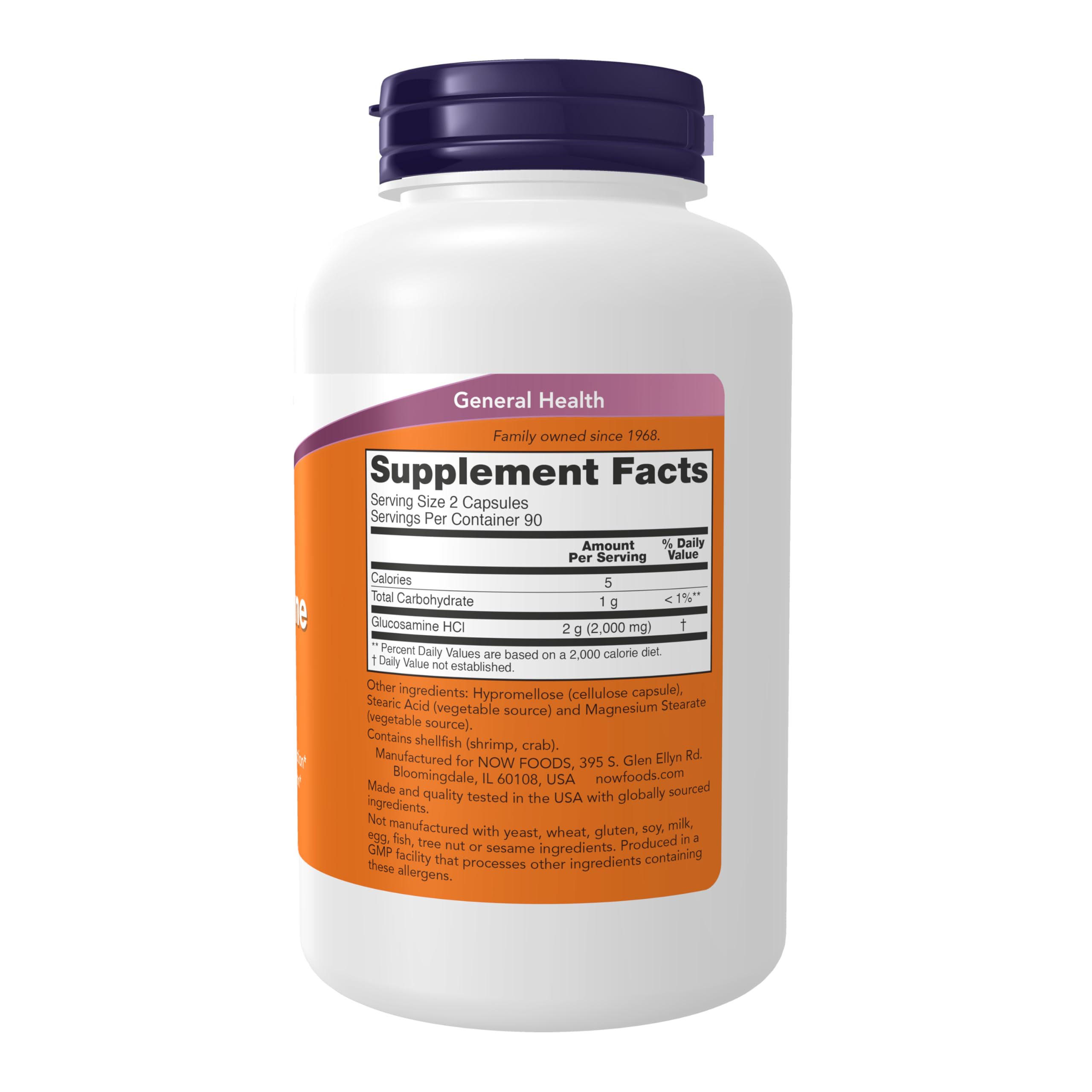NOW Foods Glucosamine 1000 bottle back shows AOACI standard method note