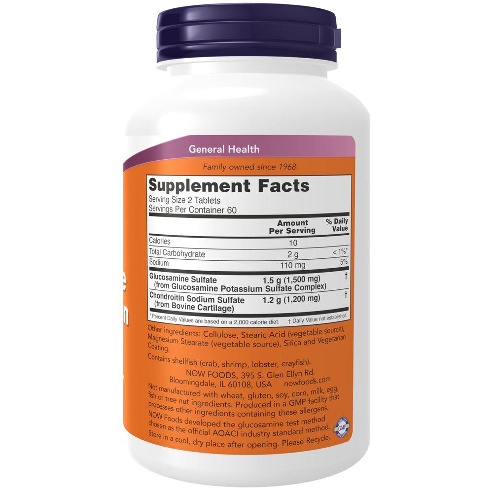 NOW Foods Glucosamine & Chondroitin Extra Strength tablets close-up for easy daily dosing.