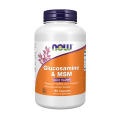 NOW Foods glucosamine MSM chondroitin bottle highlighting daily joint support potential.