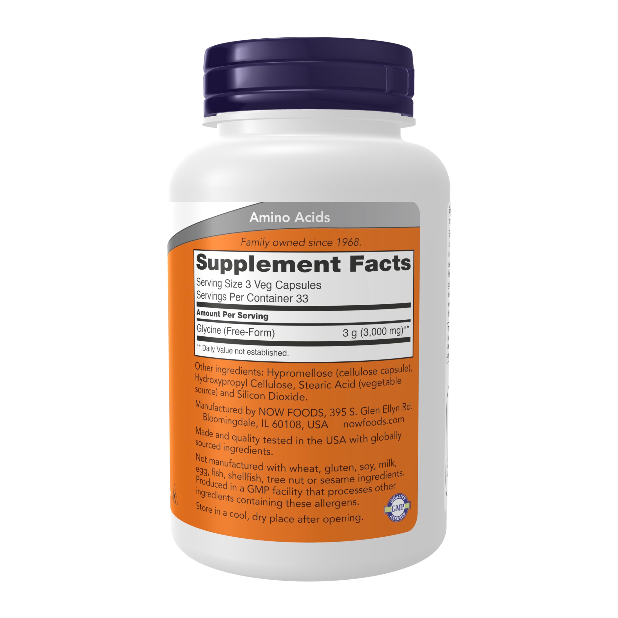 NOW Foods Glycine 1000 mg capsules label closeup highlighting supplement facts.