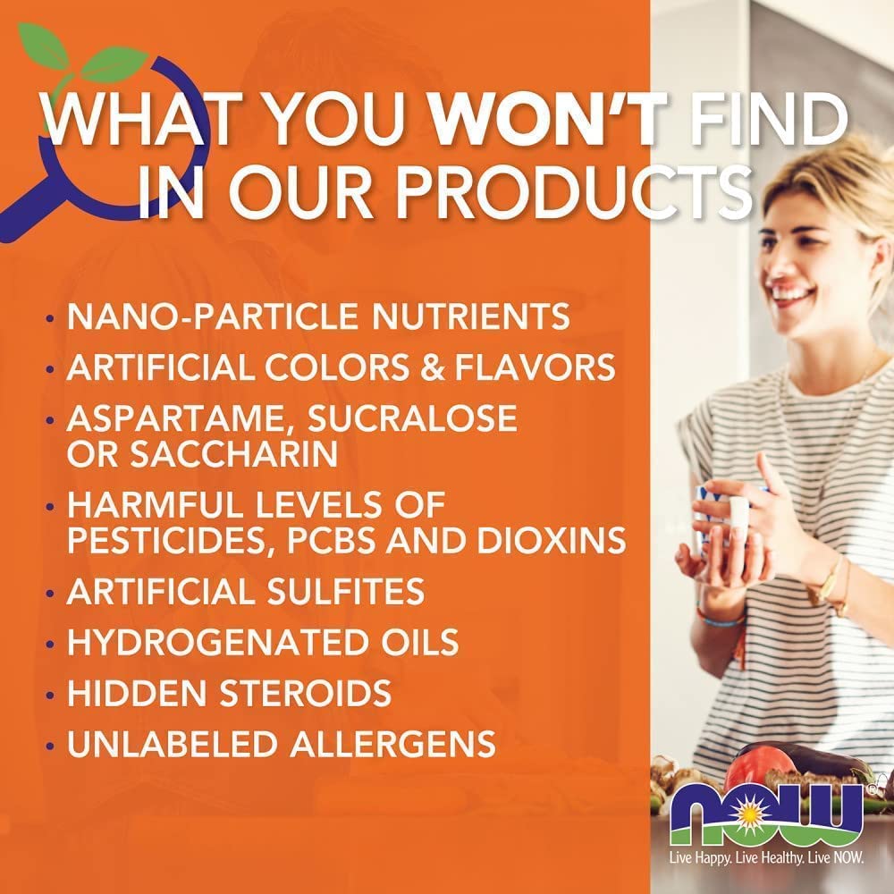 NOW Foods GMP quality seal on packaging indicates rigorous manufacturing standards.