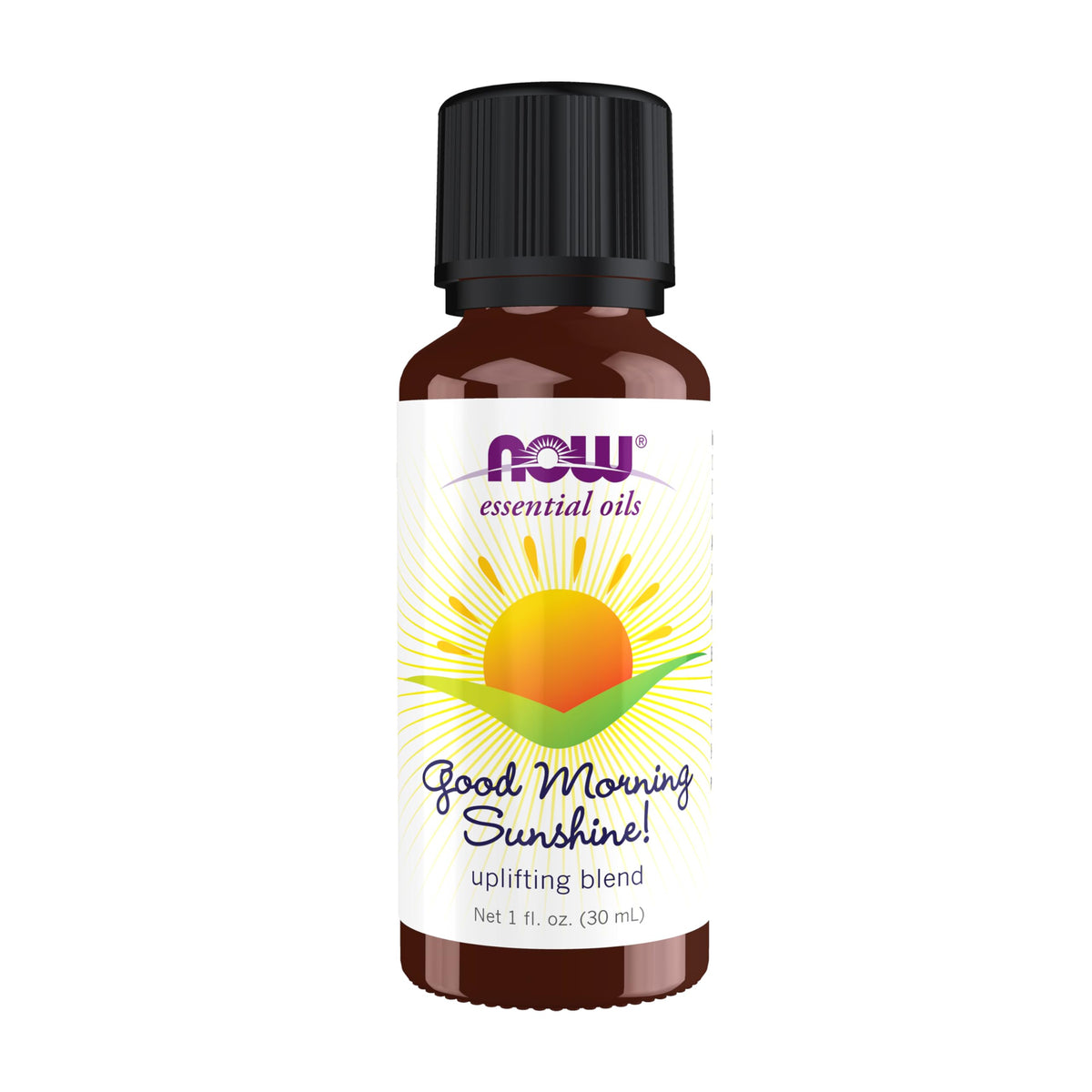 NOW Foods Good Morning Sunshine bottle pour showing citrus aroma for diffuser use