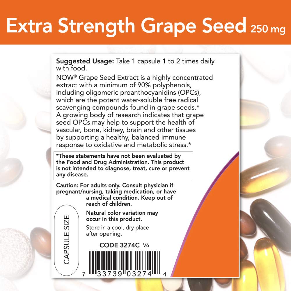 NOW Foods Grape Seed Extract image emphasizes 90% polyphenols and OPCs.