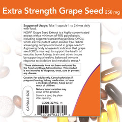 NOW Foods Grape Seed Extract image emphasizes 90% polyphenols and OPCs.