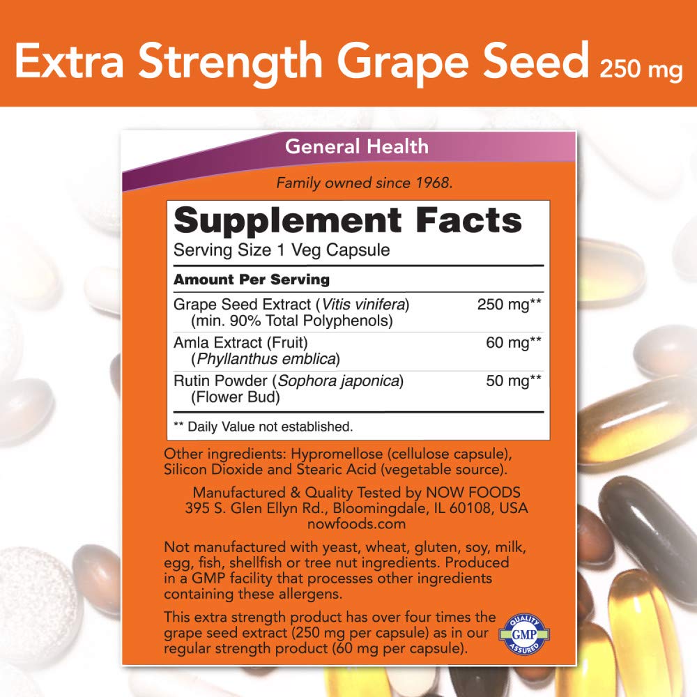 NOW Foods Grape Seed Extract capsules closeup shows 250 mg dosage and high polyphenols.