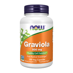 NOW Foods Graviola 500 mg capsules bottle supports daily wellness.