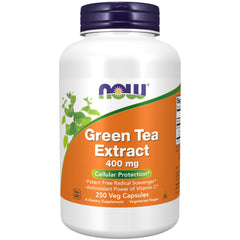 NOW Foods Green Tea Extract 400 mg bottle highlighting concentrated antioxidant formula.