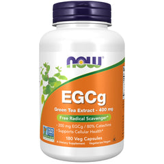 NOW Foods Green Tea Extract bottle displaying 200 mg EGCg per capsule for cellular support.