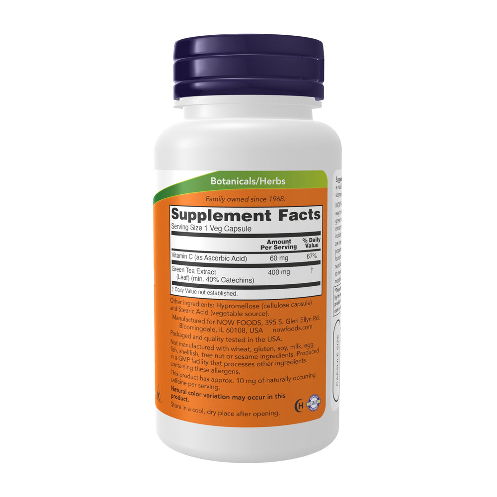 NOW Foods Green Tea Extract capsules close-up highlighting convenient vegan capsules