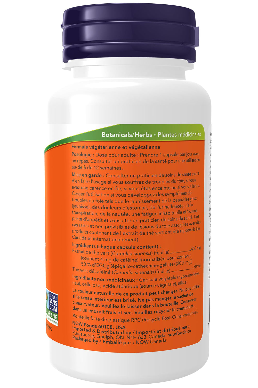 NOW Foods Green Tea Extract label closeup highlighting GMP certification and vegan-friendly formula