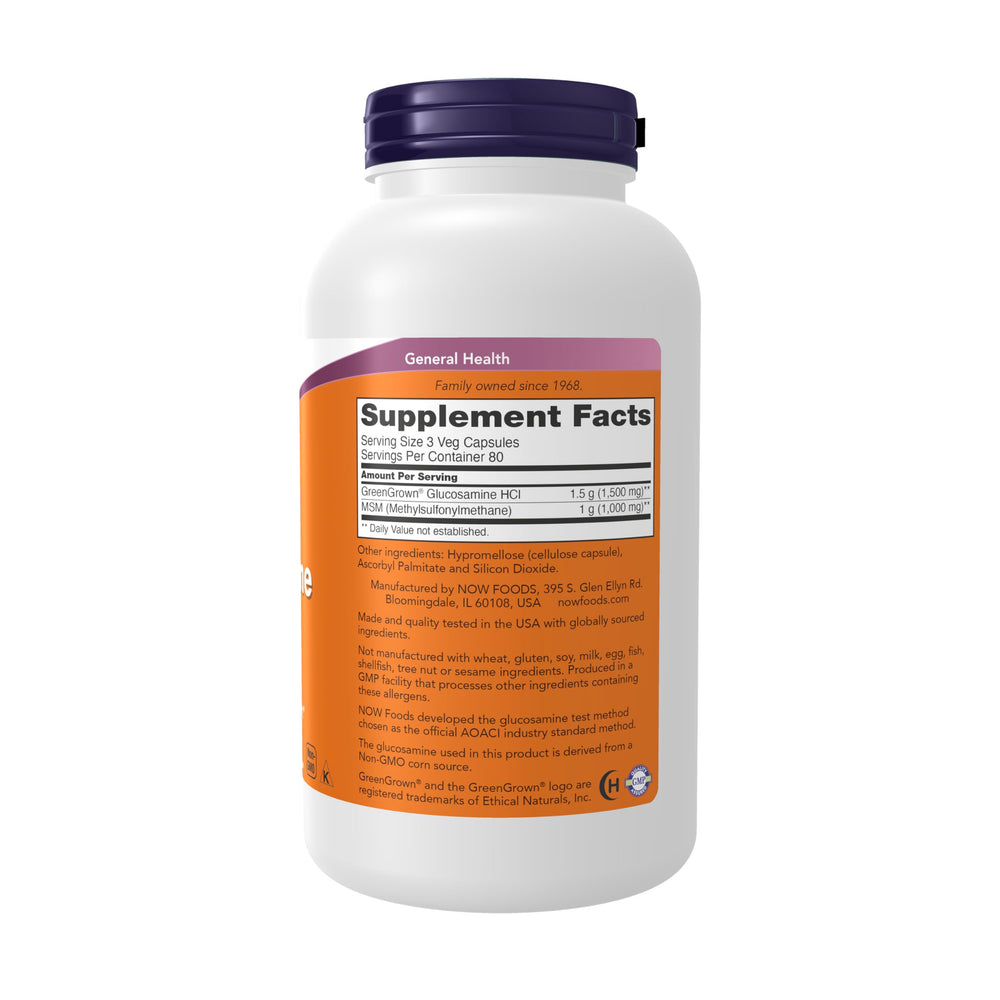 NOW Foods GreenGrown Glucosamine MSM capsules close-up highlighting vegan formula
