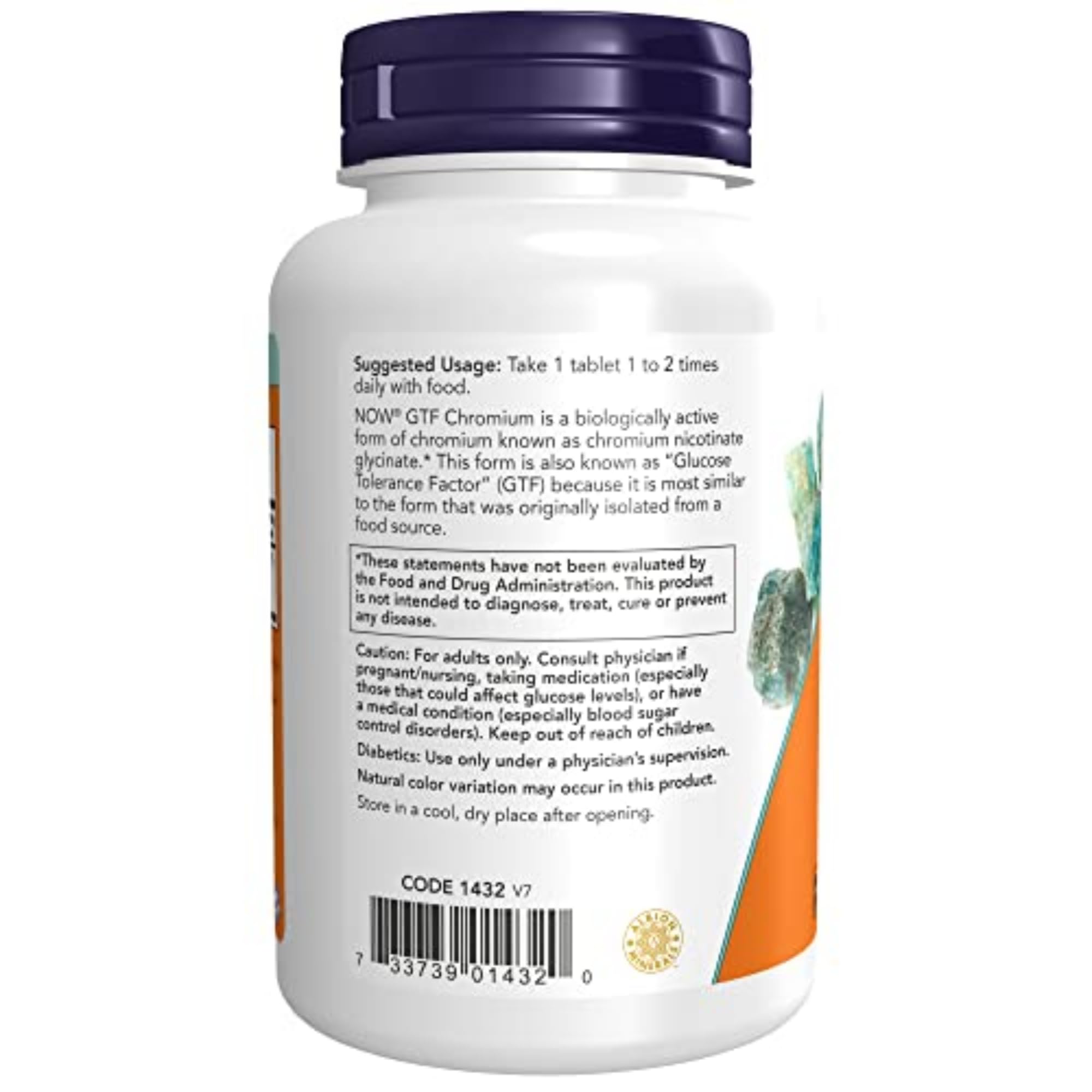 NOW Foods GTF Chromium 200 mcg tablets viewed for easy daily intake.