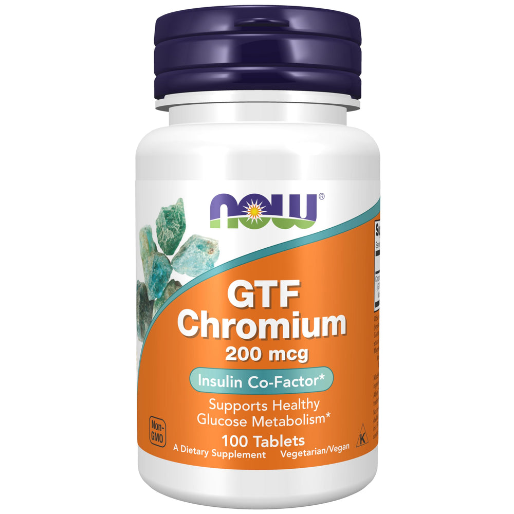 NOW Foods GTF Chromium bottle front shows 200 mcg dosage for daily use