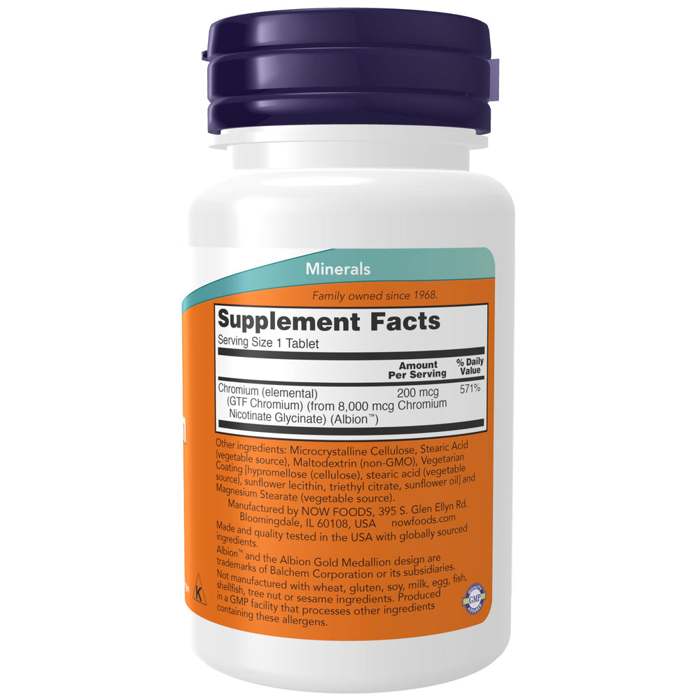 NOW Foods GTF Chromium tablet close-up highlights compact dosage