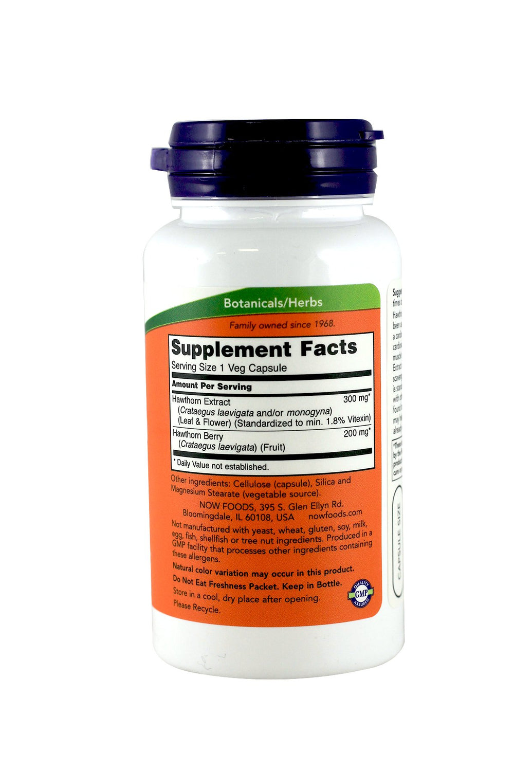 NOW Foods Hawthorn Extract 300mg bottle label, supports cardiovascular wellness within a healthy range.
