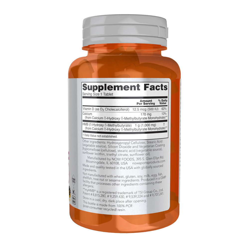 NOW Foods HMB 1000 mg bottle label showing dosage for lean muscle support