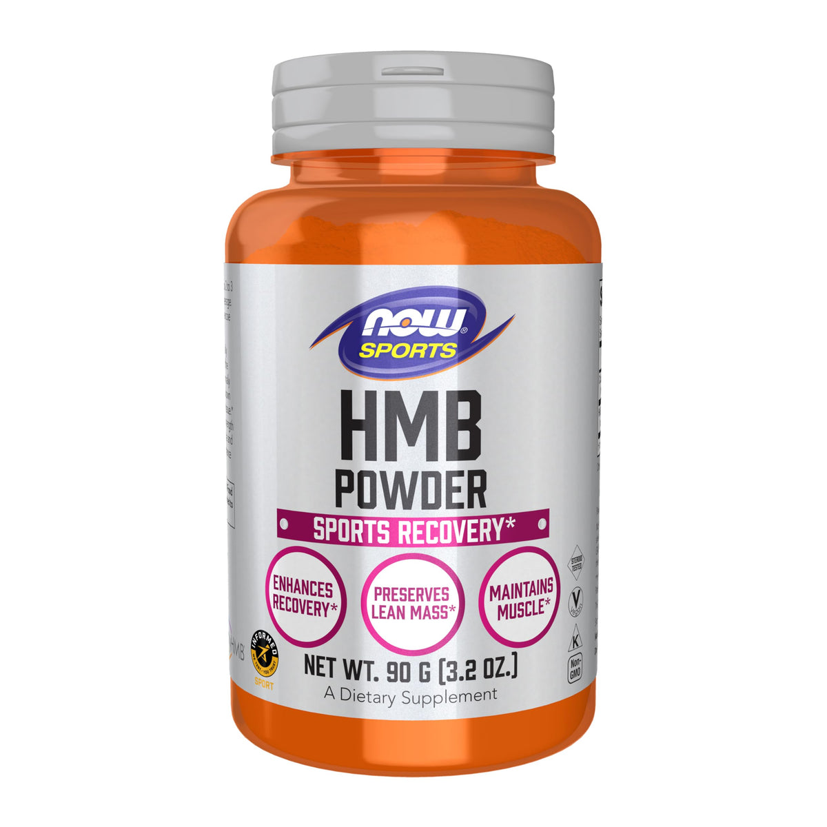 NOW Foods HMB powder bottle label showing sport nutrition branding and recovery support.