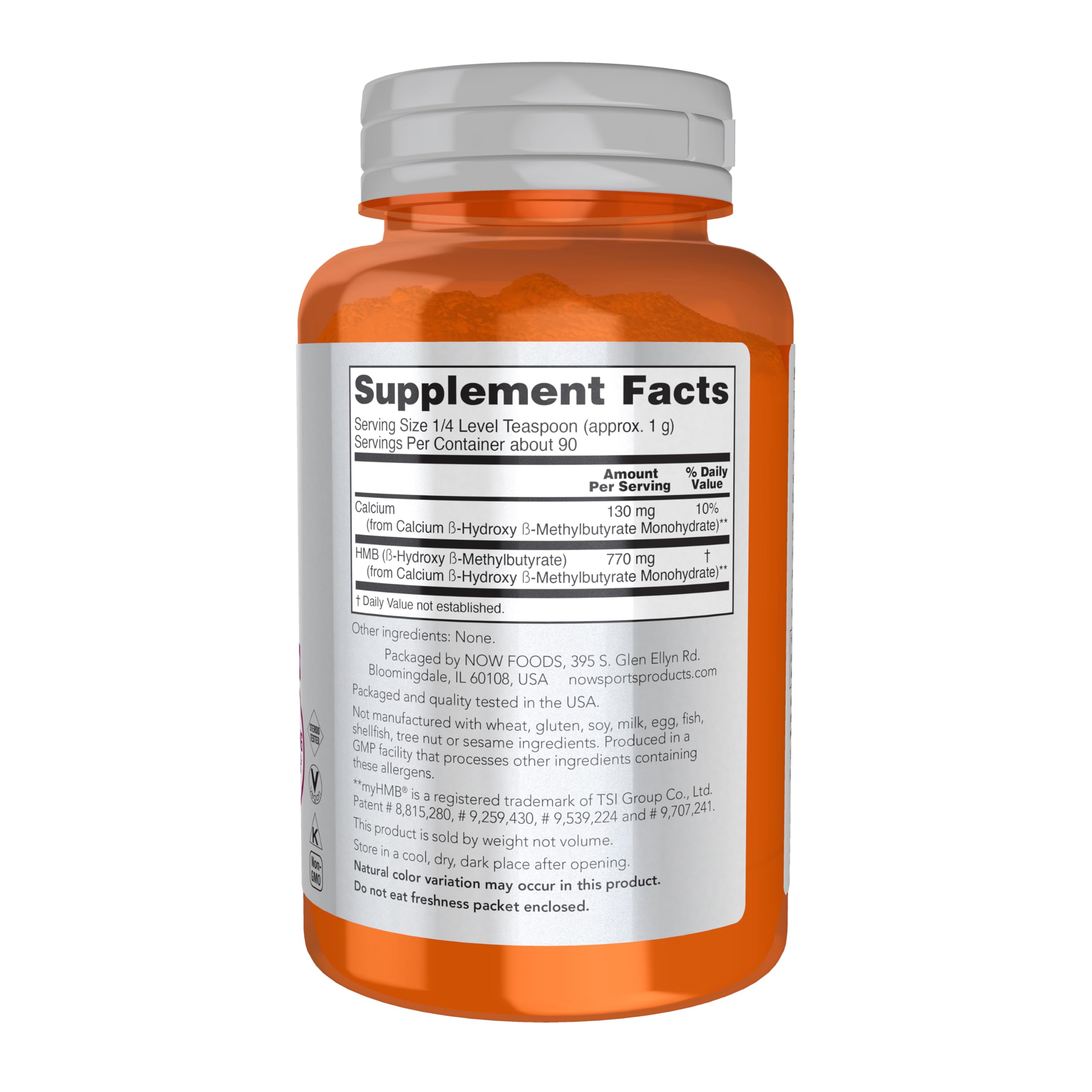 NOW Foods HMB powder measuring scoop demonstrates easy serving for workouts and recovery.