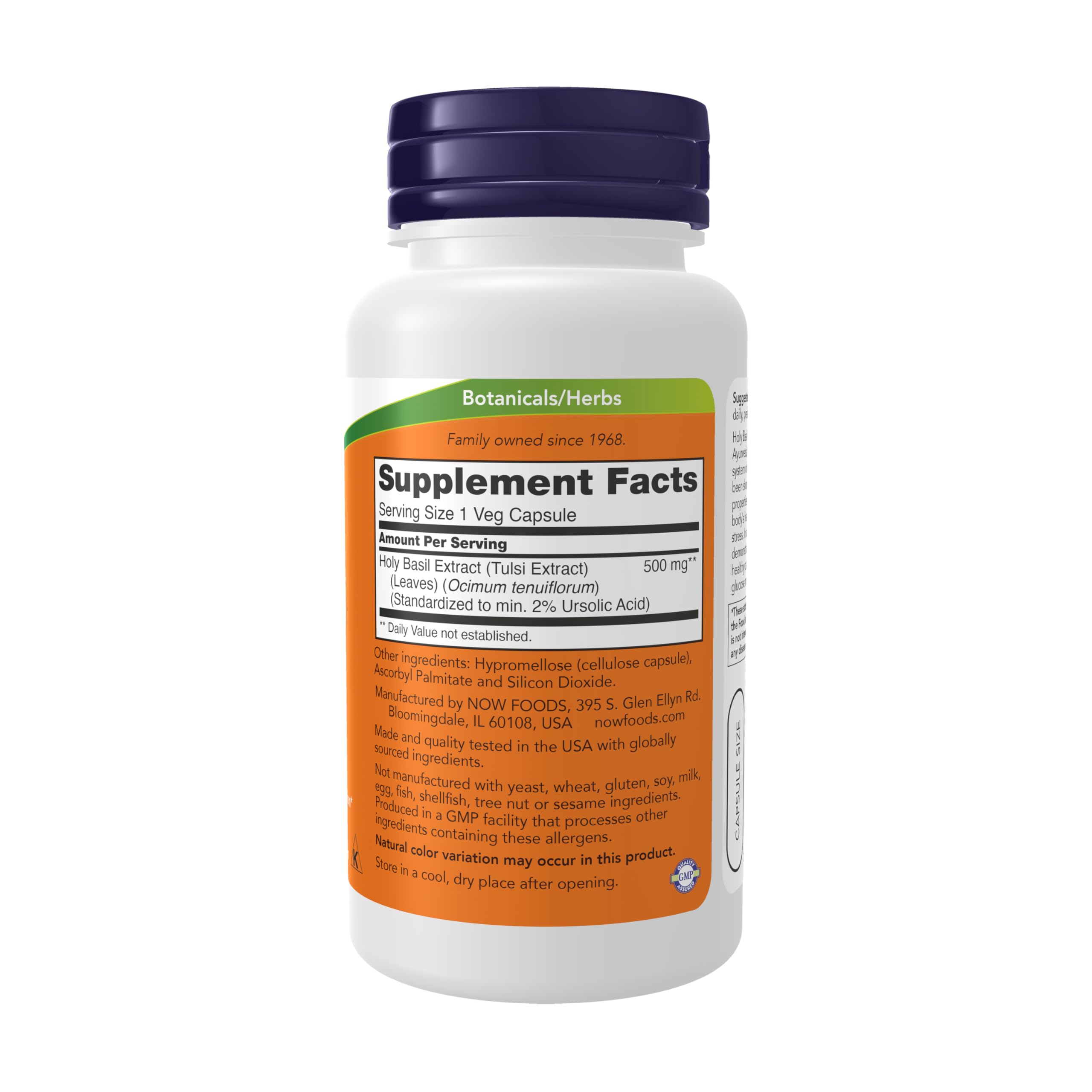 NOW Foods Holy Basil Extract 500 mg bottle displayed on shelf for easy daily use
