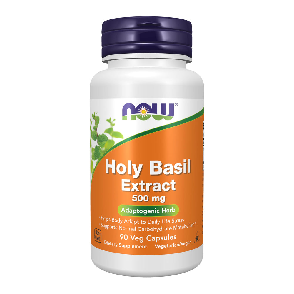 NOW Foods Holy Basil Extract capsules shown for daily stress support in a convenient format
