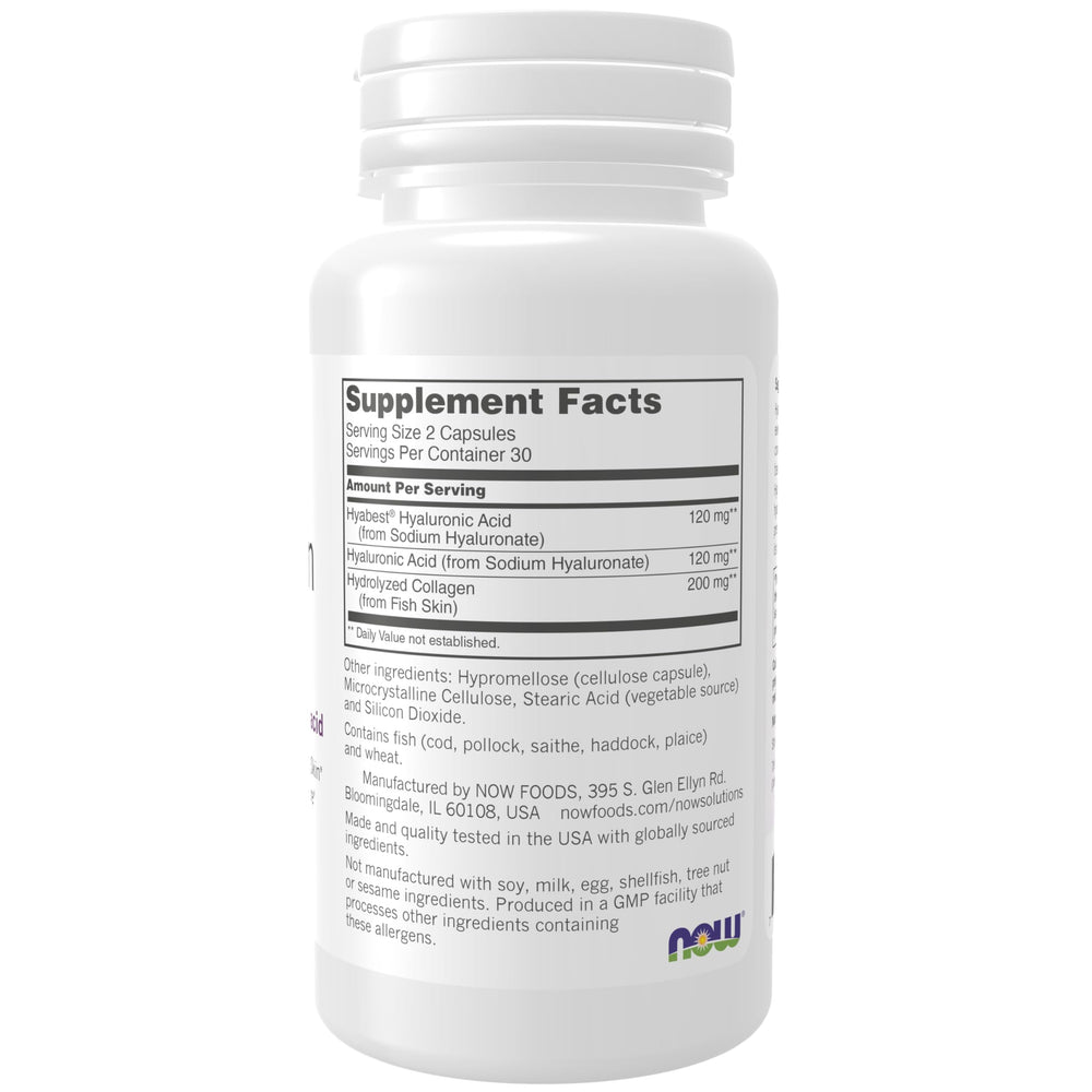 NOW Foods Hyabest Hyaluronic Acid capsules in a clear bottle for skin moisture support