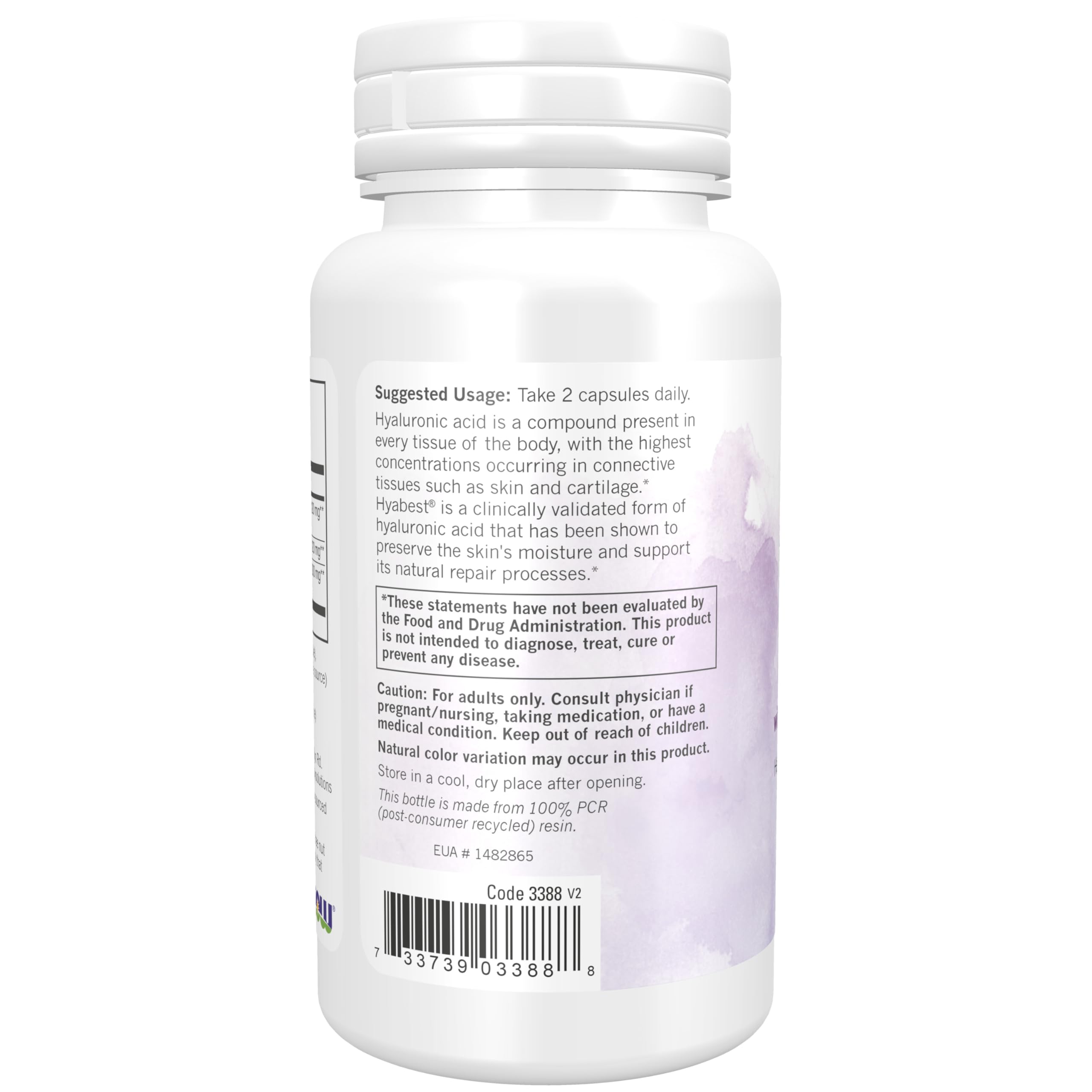 NOW Foods Hyabest Hyaluronic Acid product label detail highlighting clinically validated form