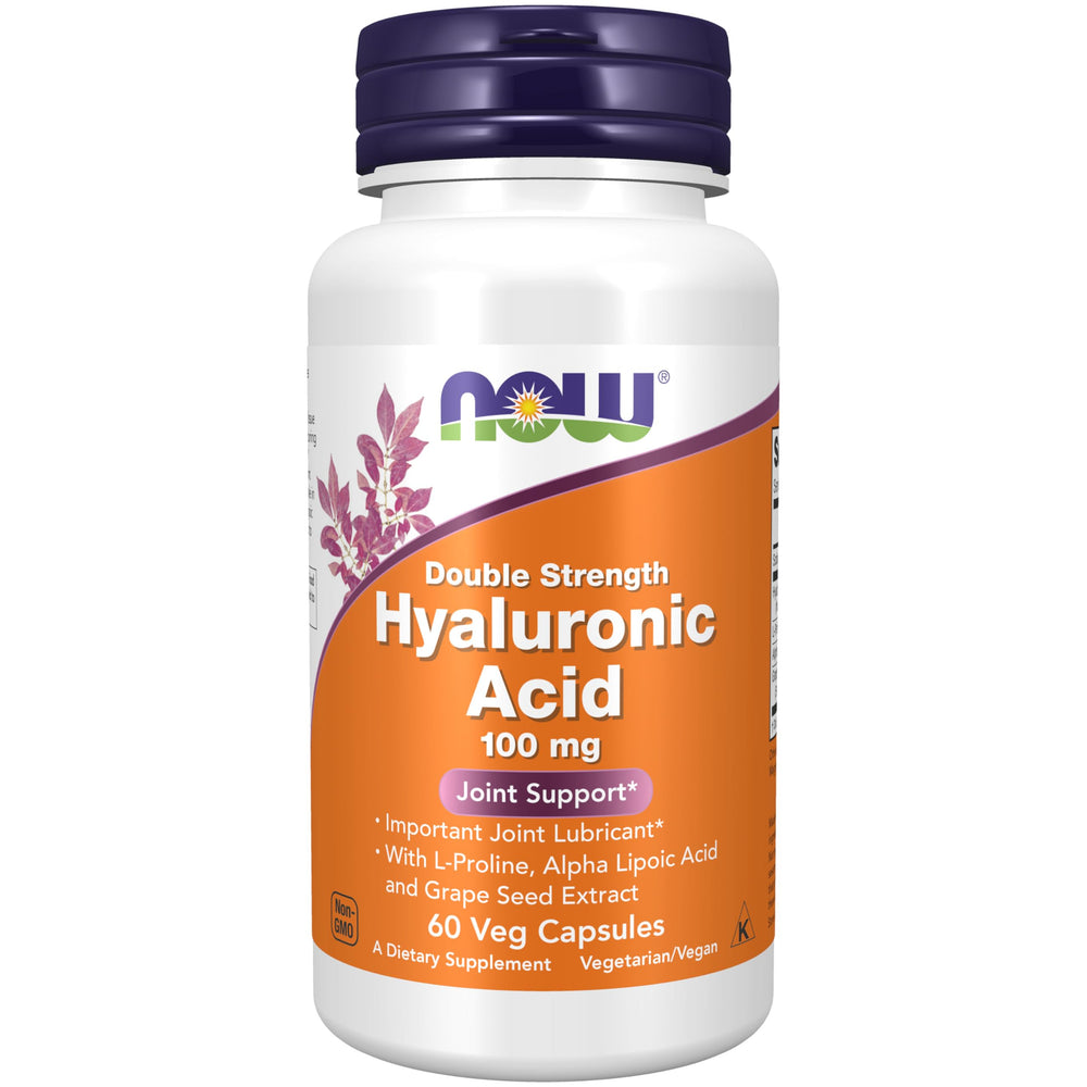 NOW Foods Hyaluronic Acid 100 mg bottle highlights joint support and quality.